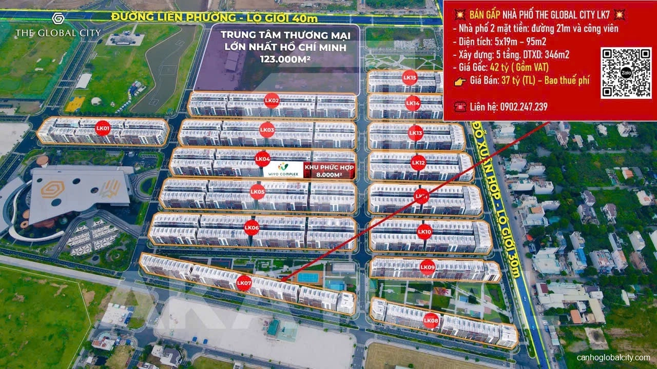 Chuyển nhượng nhà phố Global City – LK7 – Đường 20m và công viên – Giá bán: 37 tỷ