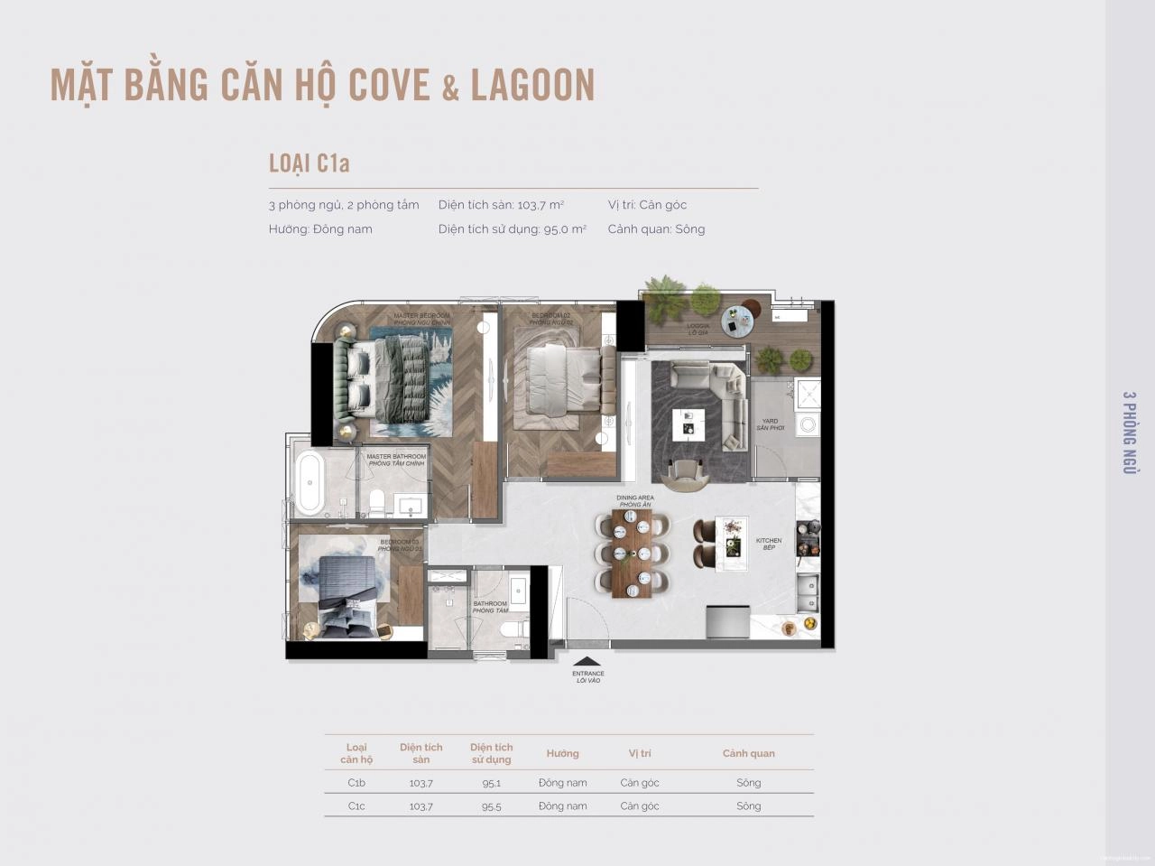 Layout căn hộ 3PN đặc biệt Eaton Park tháp A3, A4